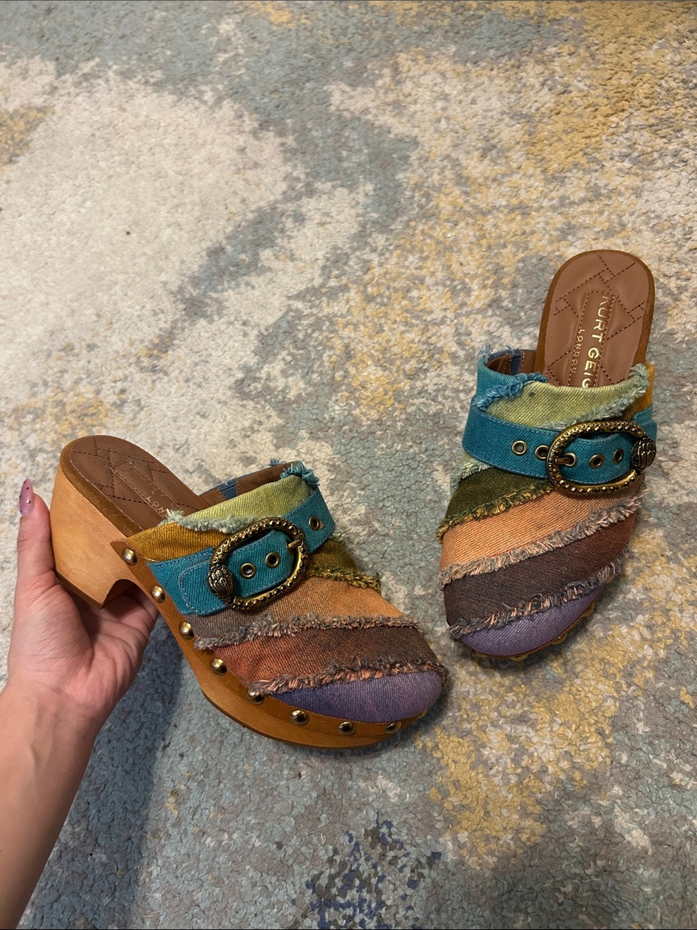 Kurt Geiger Multicolor Patchwork Clog Mules with Buckle